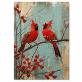 Rustic Retro Painting of Two Cardinals on a Branch with Red Winter Berries and Distressed Blue Background Perfect for Holiday Decor or Bird Lover Gift on Ready to Hang 1.5" Thick Canvas Wrap, Floating Framed Canvas, Flat Rolled Canvas